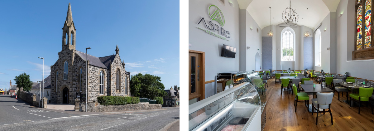 Collage of two images, stone church building and inside of restaurant with tables and chairs