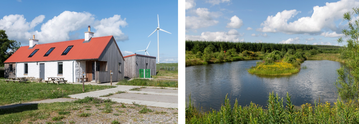 Collage of two images, showing Farmhouse with wooden panels on the side and large pond with grassy areas