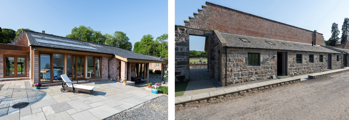 Collage of two images, one storey stone building and modern house with large glass windows and patio