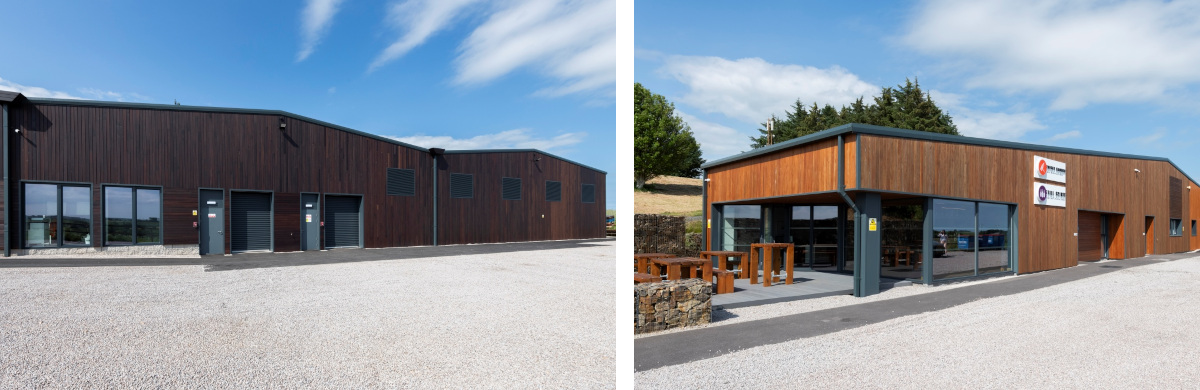 Collage of two viewpoints showing long clad building with glass doors