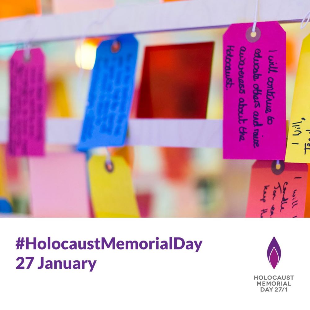 A photo of tags in various colours with handwritten messages relating to the Holocaust. Below the image is the hashtag #HolocaustMemorialDay and the Holocaust Memorial Day logo, plus the date 27 January. 